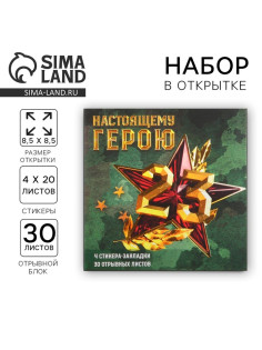 Подарочный набор, стикеры 4×20 л, отрывной блок 30 л., в открытке «Настоящему герою. 23 февраля»