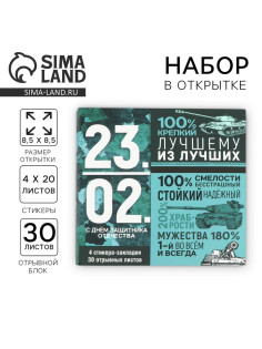 Подарочный набор, стикеры 4×20 л, отрывной блок 30 л., в открытке «23 февраля»