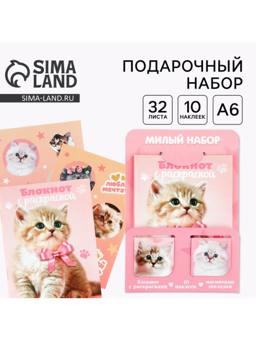 Набор блокнот А6, 32 листа, наклейки, магнитные закладки «Милый котенок»