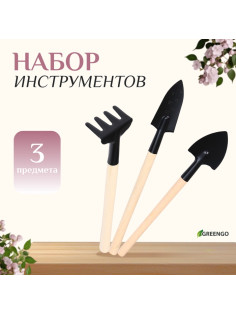 Набор садового инструмента для комнатных растений, 3 предмета: грабли, 2 лопатки, длина 24 см, деревянные ручки, Greengo