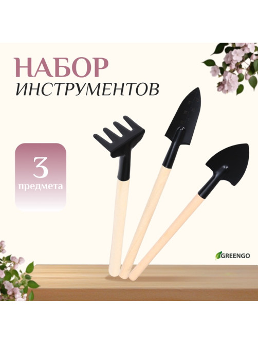 Набор садового инструмента для комнатных растений, 3 предмета: грабли, 2 лопатки, длина 24 см, деревянные ручки, Greengo