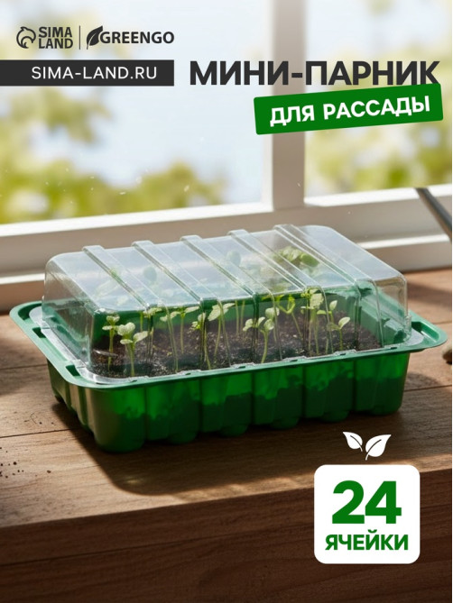 Мини - парник для рассады, 25×17.5×4.5 см, 24 ячейки под таблетки для рассады d=3 см, пластик, Greengo