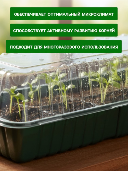 Мини - парник для рассады, 39×17.5×12 см, без вставок, тёмно-зелёный, пластик, Greengo