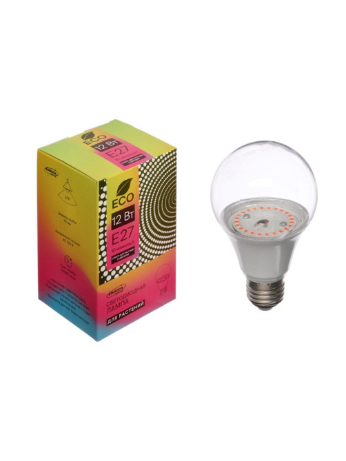 Фитолампа для растений Luazon Lighting, светодиодная, А60, E27, 12 Вт, IP44, 220 В, 270°, мультиспектральная