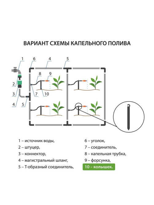 Колышек для капельной трубки, d=5 мм, пластик, Greengo