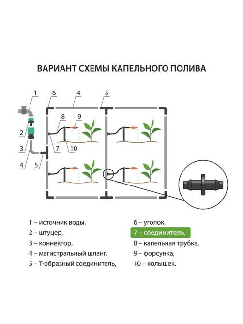 Переходник для капельного полива, 5 мм, пластик, Greengo