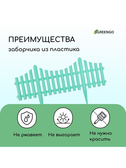 Ограждение декоративное, 30×300 см, 5 секций, пластик, бирюзовое, Greengo