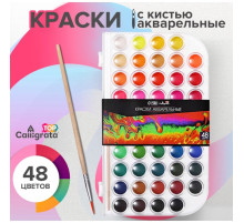 Краски акварельные 48 цветов, круглые, диаметр кюветы 23 мм, с кистью, пластиковый пенал, CALLIGRATA TOP