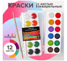 Краски акварельные 12 цветов, круглые, диаметр кюветы 28 мм, с кистью, пластиковый пенал, CALLIGRATA TOP