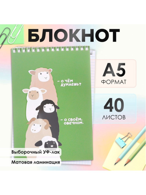 Блокнот А5, 40 листов в клетку на гребне «Фразы», обложка мелованный картон, матовая ламинация, выборочный УФ-лак, блок офсет