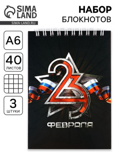 Блокноты, А6, 40 л., на гребне, клетка, набор из 3 шт. «23 февраля»