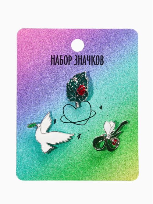 Броши «Голубь, листик, подснежник», набор 3 шт. разноцветный в серебре