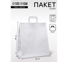 Пакет крафт без печати, белый, плоская ручка, 32×20×34 см