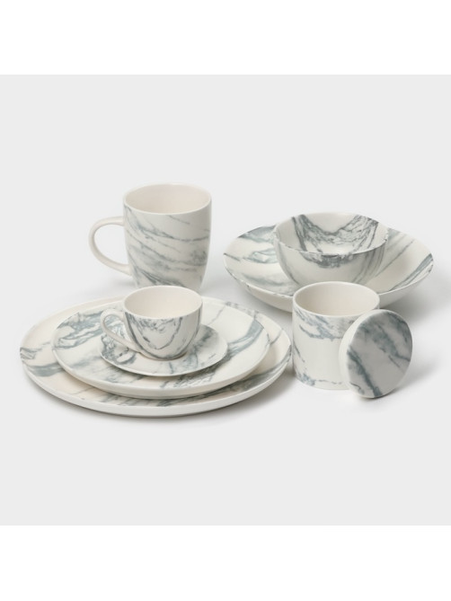 Чайный сервиз Magistro Real Marble, 2 персоны, 4 предмета: 2 чашки 120 мл, 2 блюдца d=12.5 см, фарфор, белый, серый