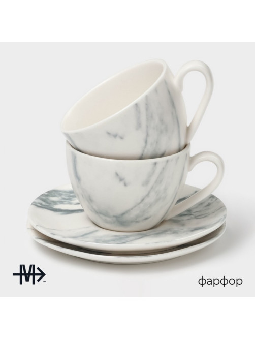 Чайный сервиз Magistro Real Marble, 2 персоны, 4 предмета: 2 чашки 120 мл, 2 блюдца d=12.5 см, фарфор, белый, серый