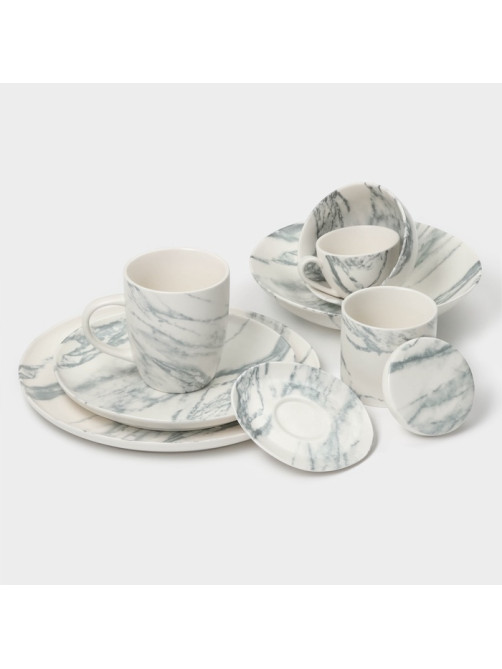 Чайный сервиз Magistro Real Marble, 2 персоны, 4 предмета: 2 чашки 120 мл, 2 блюдца d=12.5 см, фарфор, белый, серый