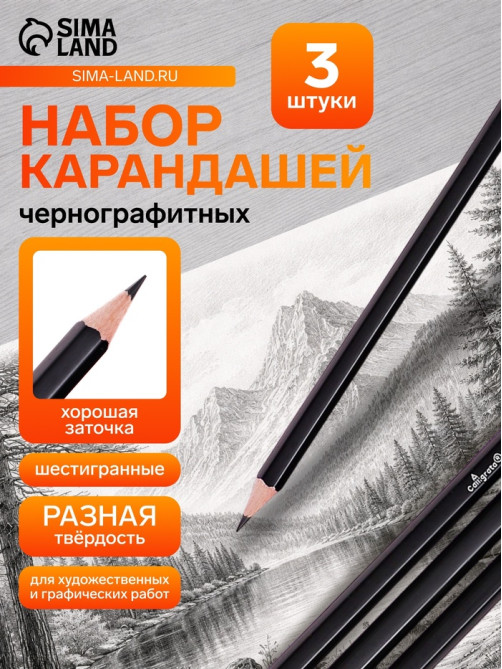 Набор карандашей чернографитных 3 штуки (В, НВ, Н)
