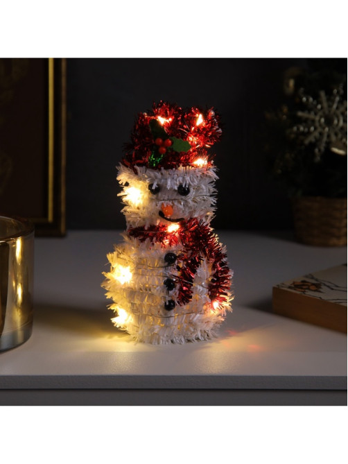 Светодиодная фигура из мишуры «Снеговик в красном» 16×9 см, 10 LED, от батареек AG10×3, свечение тёплое белое
