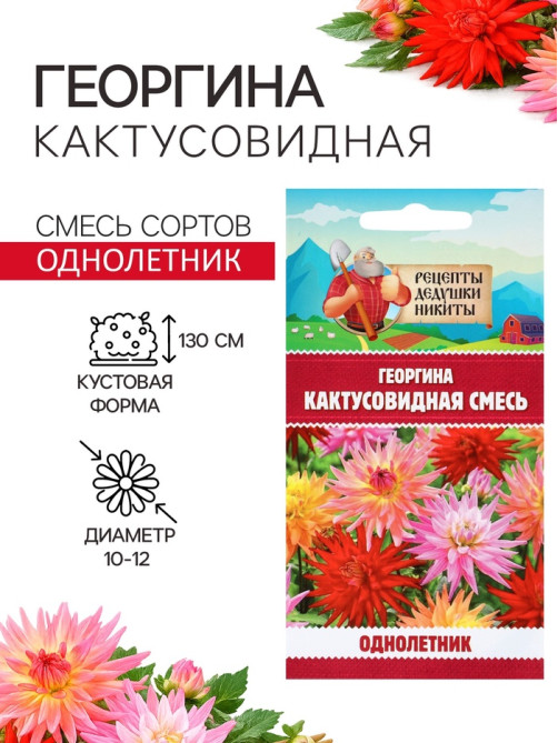 Семена цветов Георгина «Кактусовидная смесь», 0.1 г, «Рецепты дедушки Никиты»