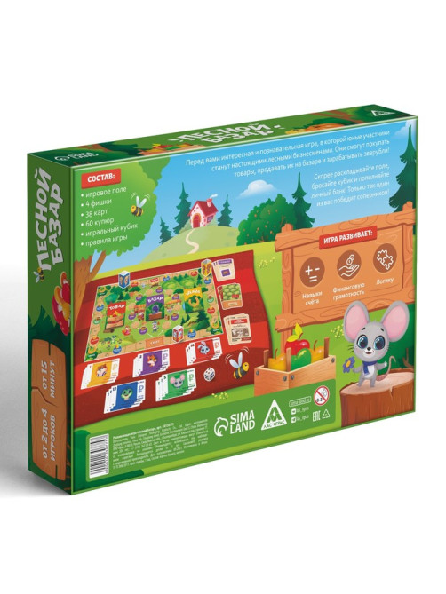 Настольная игра «Лесной базар», 60 купюр, 38 карт, поле, кубик, 4 фишки, 5+