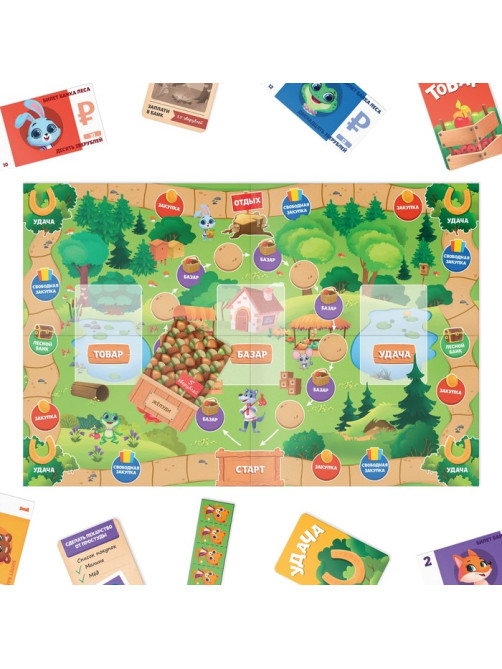 Настольная игра «Лесной базар», 60 купюр, 38 карт, поле, кубик, 4 фишки, 5+
