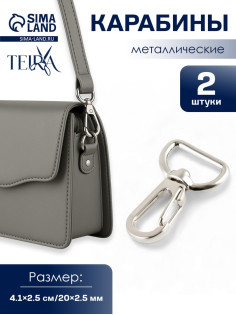 Карабин металлический TEIRA, набор 2 шт., 6.9 г, 4.1×2.5 см/20×2.5 мм, цвет серебряный