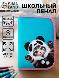 Пенал школьный, 3 секции, 14×21×4 см «Кот панда»