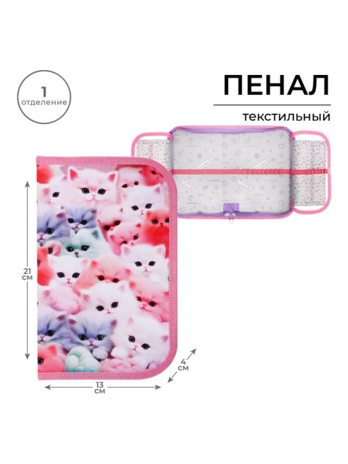Пенал школьный, 1 секция, 13×21×4 см «Котики пушистики»