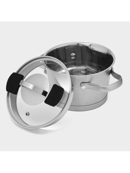 Кастрюля Magistro HiTech Steel, 1.5 л, d=16 см, h=10.5 см, с крышкой, слив для воды, капсульное дно, индукция, нержавеющая сталь, серебристая