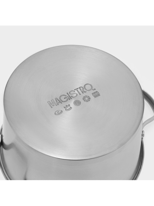 Кастрюля Magistro HiTech Steel, 5.2 л, d=24 см, h=14.5 см, с крышкой, слив для воды, капсульное дно, индукция, нержавеющая сталь, серебристая