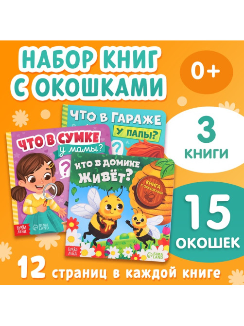 Картонные книги с окошками «Что внутри?», набор 3 шт. по 12 стр.