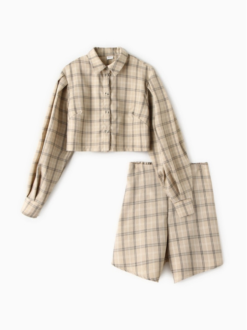 Костюм женский (блузка, шорты) MINAKU: Casual Collection, бежевая клетка, размер 48