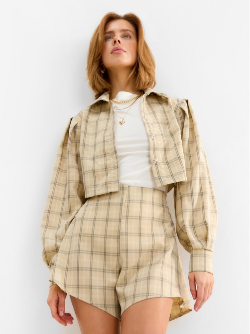 Костюм женский (блузка, шорты) MINAKU: Casual Collection, бежевая клетка, размер 48