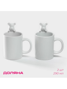Кружки Доляна «Мишка Отто», 290 мл, 11.5×8×13.5 см, набор 2 шт., доломит, белые