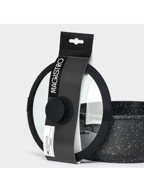 Крышка Magistro, d=20 см, со сливом, с силиконовым ободком и ручкой, жаропрочное стекло
