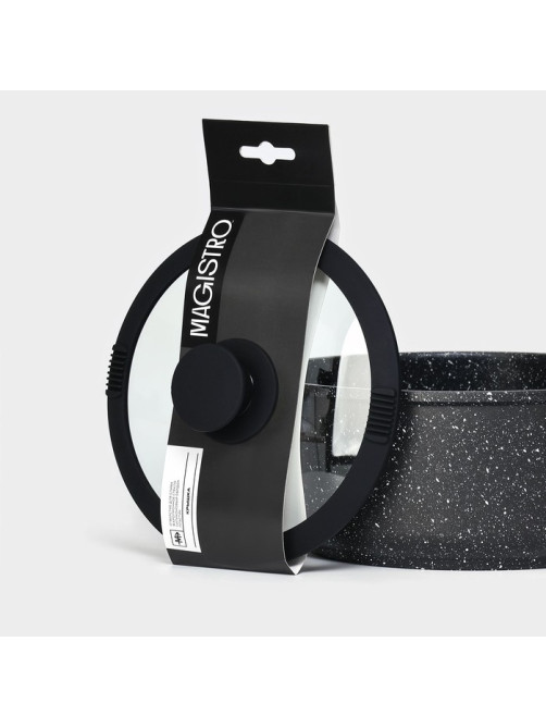 Крышка Magistro, d=18 см, со сливом, с силиконовым ободком и ручкой, жаропрочное стекло