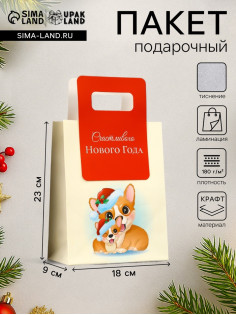 Пакет подарочный новогодний, с вырубной ручкой «Корги» 18×23×9 см