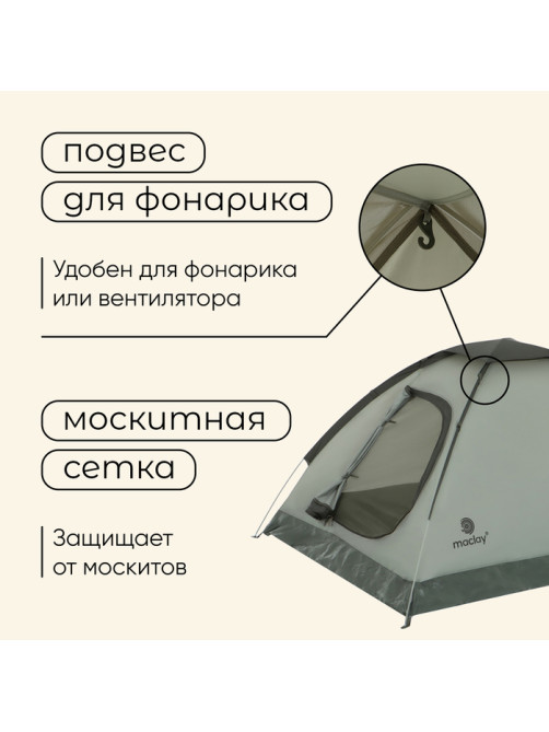 Палатка туристическая 2-местная maclay FISHT 2, 205×150×105 см, трекинговая, однослойная, зелёная