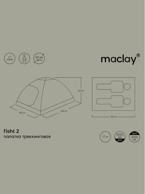 Палатка туристическая 2-местная maclay FISHT 2, 205×150×105 см, трекинговая, однослойная, зелёная