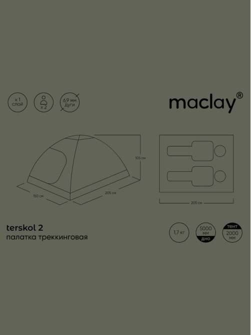 Палатка туристическая 2-местная maclay terskol 2, 205×150×105 см, трекинговая, однослойная, зелёная
