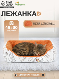 Лежанка для животных, 45×30×15 см, двухсторонняя подушка, белая, оранжевая