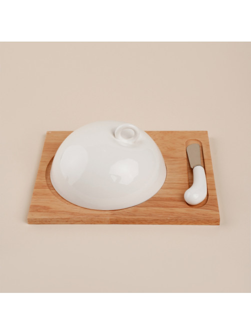 Маслёнка SL Home «Тренто», 22×17.5 см, на деревянной подставке, с ножом для масла, фарфор, белая