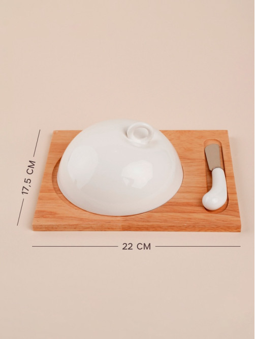 Маслёнка SL Home «Тренто», 22×17.5 см, на деревянной подставке, с ножом для масла, фарфор, белая