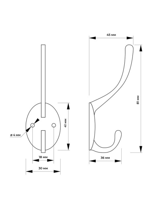 Крючок мебельный ТУНДРА TKD002 LIGHT, двухрожковый, черный, 4 шт.