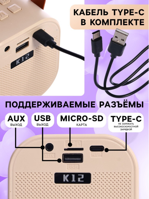 Караоке детское беспроводное ZABIAKA, 2 микрофона, bluetooth, 5 режимов подсветки, звуковые и световые эффекты, бежевое