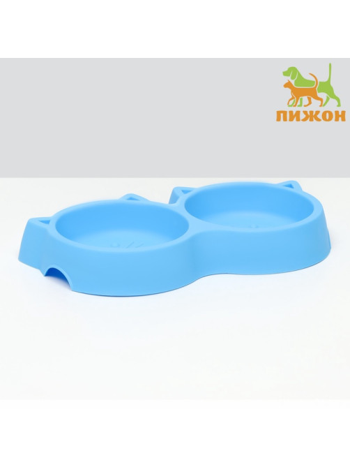 Миска двойная «Кошка», 25×13×3.5 см, с прорезиненными ножками, пластик, синяя