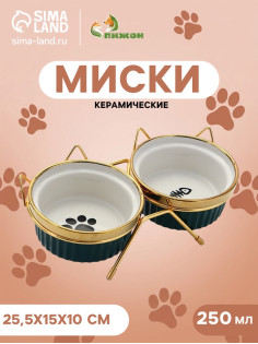 Набор мисок на подставке, 2×250 мл, 12×5.5 см, подставка 25.5×15×10 см, керамика