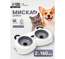 Миска двойная «Панда», 2×160 мл, пластик, белая, серая