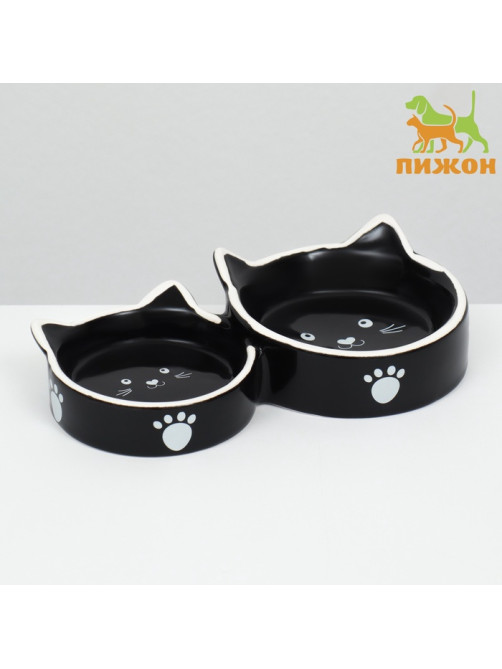 Миска для кошек Пижон «Кошачье семейство» 40/60 мл, 19×10.5×3.5 см, двойная, керамика, чёрная, белая
