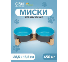 Миски, 450 мл, 28.5×15.5×7 с, 2 шт., на подставке, керамика, серая, голубая